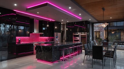 Modern kitchen boasts a glossy black design, neon lights, marble, and elegant dining