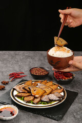 Spicy Stir-Fried Pork with Liver and Cashews - Asian Cuisine with Chopsticks and Rice