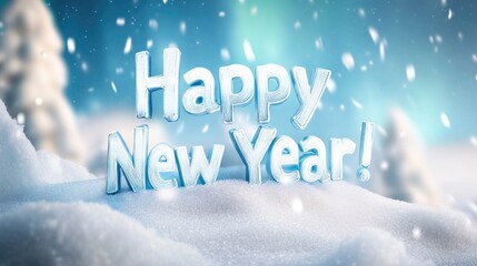 Festive winter scene with happy new year message and snowy landscape