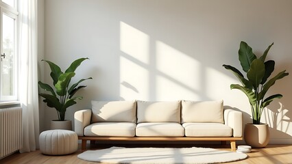 Sunlit minimalist living room with a comfortable sofa and lush green indoor plants, creating a serene and modern home interior space bathed in natural light and elegant shadows