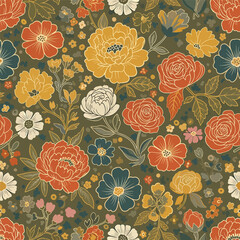 Colorful floral pattern with vintage style flowers and botanical elements, seamless pattern, Stock royalty image.