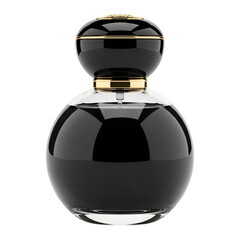 Black perfume bottle isolated on transparent background with golden decorations