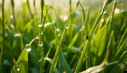Pristine morning dewdrops glisten on lush green foliage, capturing the serene beauty and vibrant essence of a new day's natural luxury