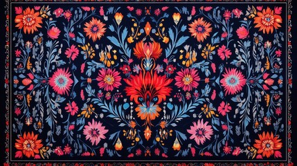 Vibrant floral rug design on dark background