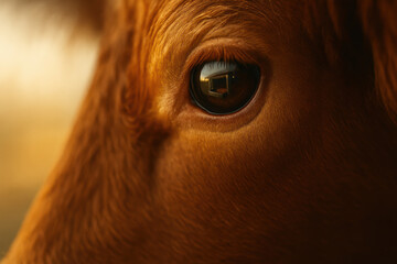 Brown cow eye closeup livestock feeding factory system gentle reflection of barn window in glossy brown eye at golden hour warm fur texture