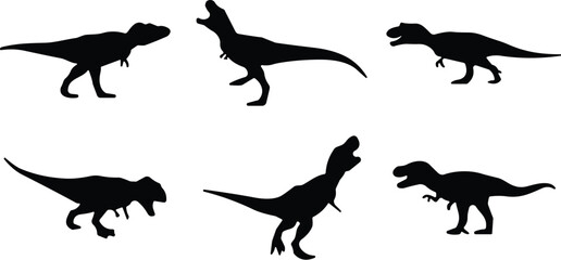 Dinosaur silhouette collection, black T. rex icons, prehistoric creature poses, vector illustration, ancient reptile, fossil design, paleontology, roar