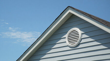 Home exterior featuring light-blue siding, dark roof shingles, white trim, and a circular vent against a blue sky. Architectural details showcased.