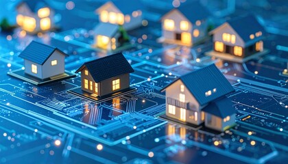 Model houses with glowing windows arranged on circuit board with illuminated lines—conceptual scene evokes smart neighborhoods, digital real estate, and tech-integrated living environments.