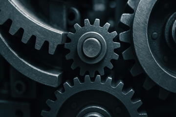 Metal gear closeup industrial machinery livestock feeding factory system in cold light conveying mechanical motion and textured steel