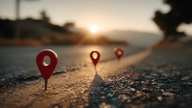 Conceptual photo of three red map pins along a winding country road at sunset, representing a journey or travel itinerary with warm golden light.