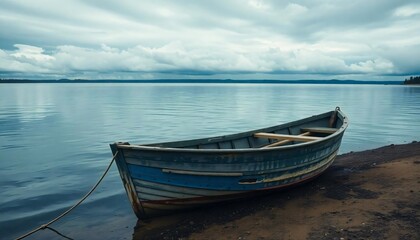 Obraz premium Seaside Serenity A Tranquil Scene of a Rustic Boat on a Shoreline, Lake, Blue Boat under Cloudy Sky near lakeside