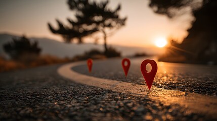 Conceptual photo of three red map pins along a winding country road at sunset, representing a journey or travel itinerary with warm golden light.