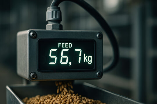 Feed livestock feeding factory system digital scale display showing measured feed weight 56.7 kg above trough with kernels and industrial hose in background conveying agricultural production