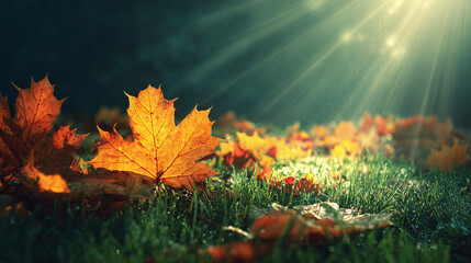 Autumn leaves bask in sunlight on a lawn, a vibrant reminder of fall's beauty. A serene scene of seasonal change.