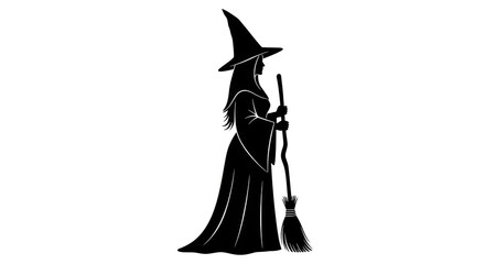 Witch silhouette with broom dark background