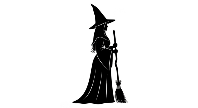 Witch silhouette with broom dark background