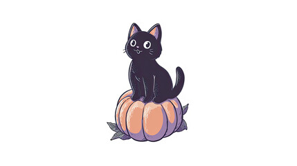 Cute Black Cat Sticker Illustration Sitting Cheerfully on an Orange Pumpkin