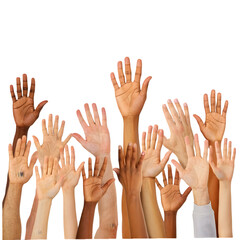Diverse Hands Raised in Unity on transparent background