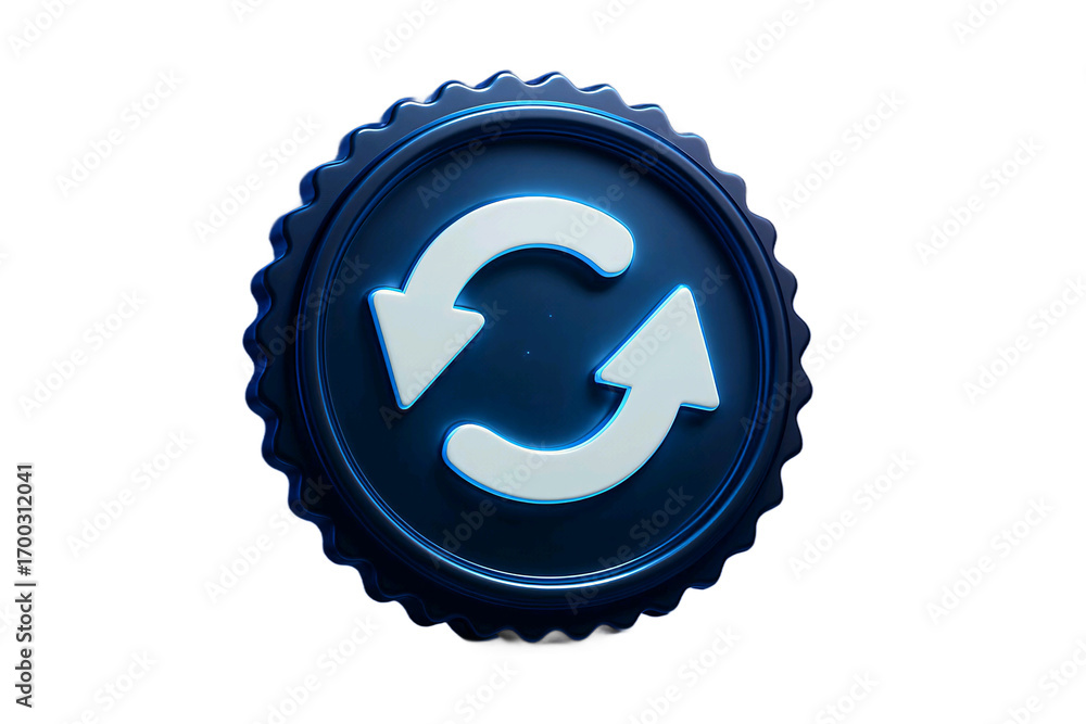 Poster close up of a blue oval button with a white refresh or sync icon on a black background