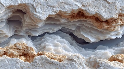Detailed macro photograph of a white mineral rock texture like marble or alabaster, with delicate, layered structures for an abstract background.