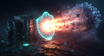 Futuristic digital defense system with a glowing energy shield protecting a server from a viral threat