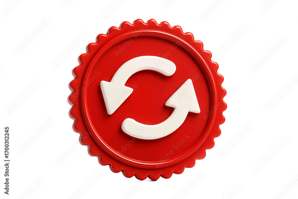 Poster red oval badge with white circular arrows symbol representing refresh or repeat isolated on black ba