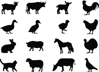 Farm animal silhouette collection, black livestock icons, domestic creature shapes, vector illustration, poultry, mammal, agriculture, pet design