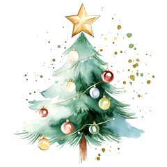 Watercolor christmas tree with star and ornaments on white background
