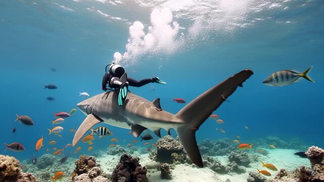 Scuba diver riding a shark underwater with fish around coral reef