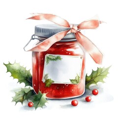 Festive red jam jar with ribbon and pine branches on holiday background