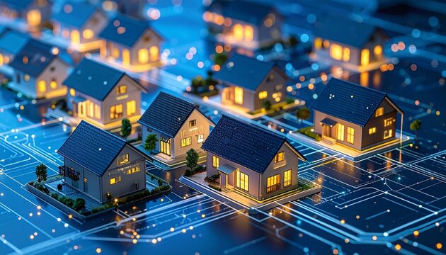 Model houses with glowing windows arranged on circuit board with illuminated lines—conceptual scene evokes smart neighborhoods, digital real estate, and tech-integrated living environments.