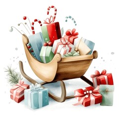 Festive sleigh overflowing with colorful gift boxes and candy canes on snowy ground