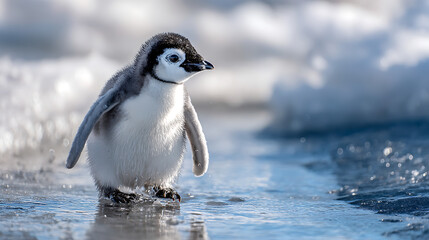 Fototapeta premium A baby penguin standing on ice looking up with wide eyes 