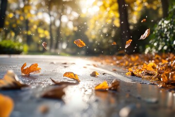 Serene autumn roadscape with sunlit path and vibrant fall foliage in forest