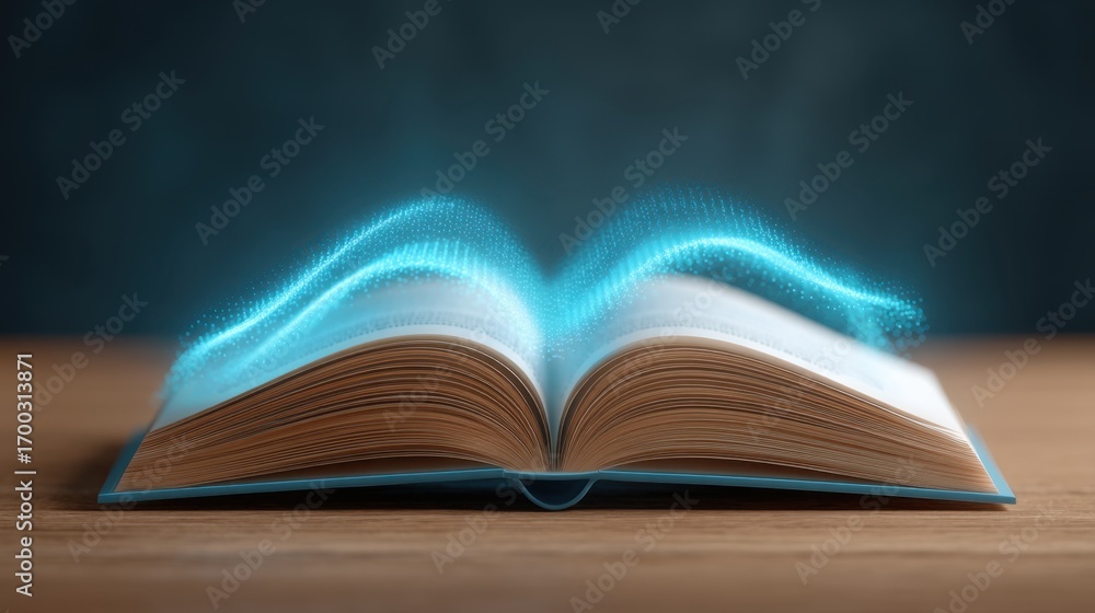 Poster a glowing open book with digital wave effects above illustrating knowledge and information transform