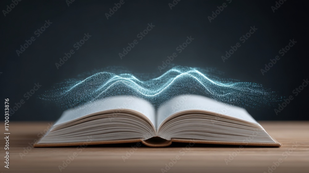 Poster open book with glowing wave of digital data representing knowledge and innovation on a wooden surfac
