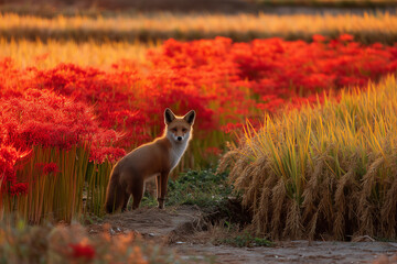 Fototapeta premium Fox standing in autumn field with red spider lilies 