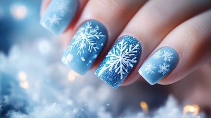 Elegant winter nail art with blue snowflake design on manicured fingernails