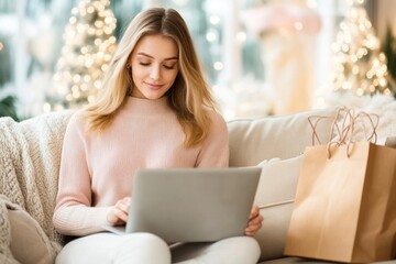Woman shopping online on laptop at home with holiday decor and gift bags