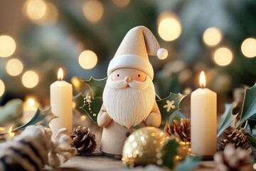 Festive santa figurine amidst holiday decor with bokeh lights
