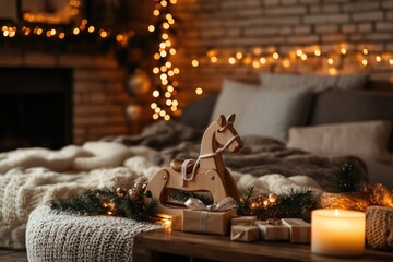 Cozy holiday living room with wooden horse and christmas decorations