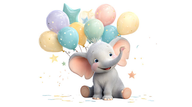 Baby elephant with balloons, isolated on transparent background - Powered by Adobe