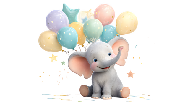 Baby elephant with balloons, isolated on transparent background