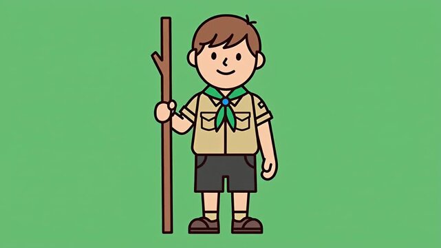 Boy Scout Standing with Walking Stick, Green Background, Cartoon Style