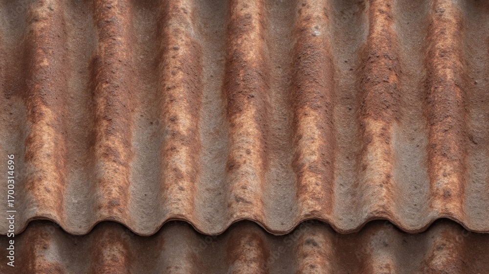 Poster rustic weathered corrogated steel roof with flaking rust and texture close-up for industrial and arc