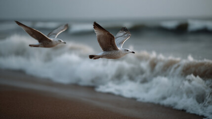 Photograph of two seagulls flying over the beach.
