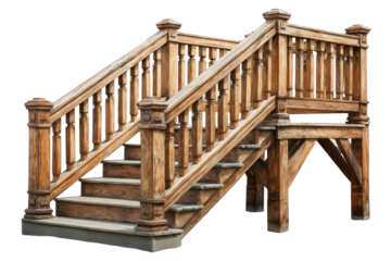 Elegant wooden staircase with intricate railings and detailed craftsmanship, perfect for interior design, architecture, and home decor projects
