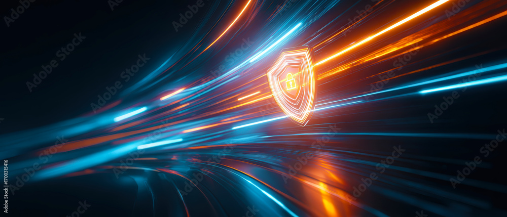 Poster digital shield: dynamic and futuristic graphic illustrating the concept of digital security, with a 
