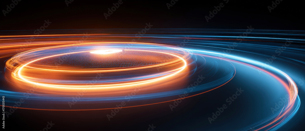 Poster swirling energy fields: abstract lines and glowing rings, representing the dynamic flow of data or t