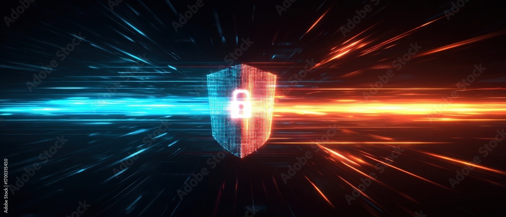 Aufkleber Digital Shield: Abstract representation of a protective shield, illuminated with dynamic light streaks. Ideal for cybersecurity and data protection themes.